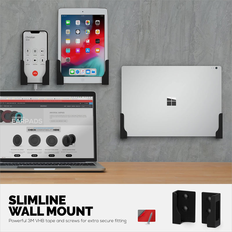 BRAINWAVZ Adhesive Laptop & Tablet Wall Mount Holder for MacBook, Surface, Notebooks, iPad, Galaxy Tab Note, eBooks, Kindle & More, Stick On Or Screw-in (Black)