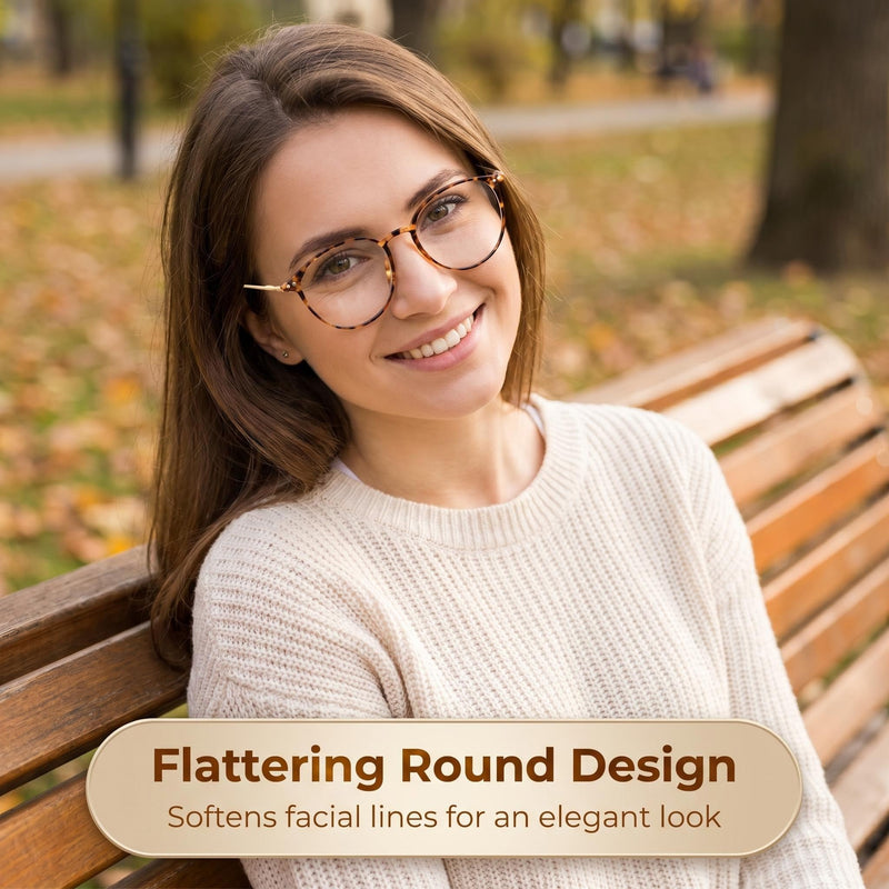 Shiratori Retro Round Blue Light Blocking Glasses for Women Men, Lightweight Metal Temple Eyeglasses Tortoiseshell Clear