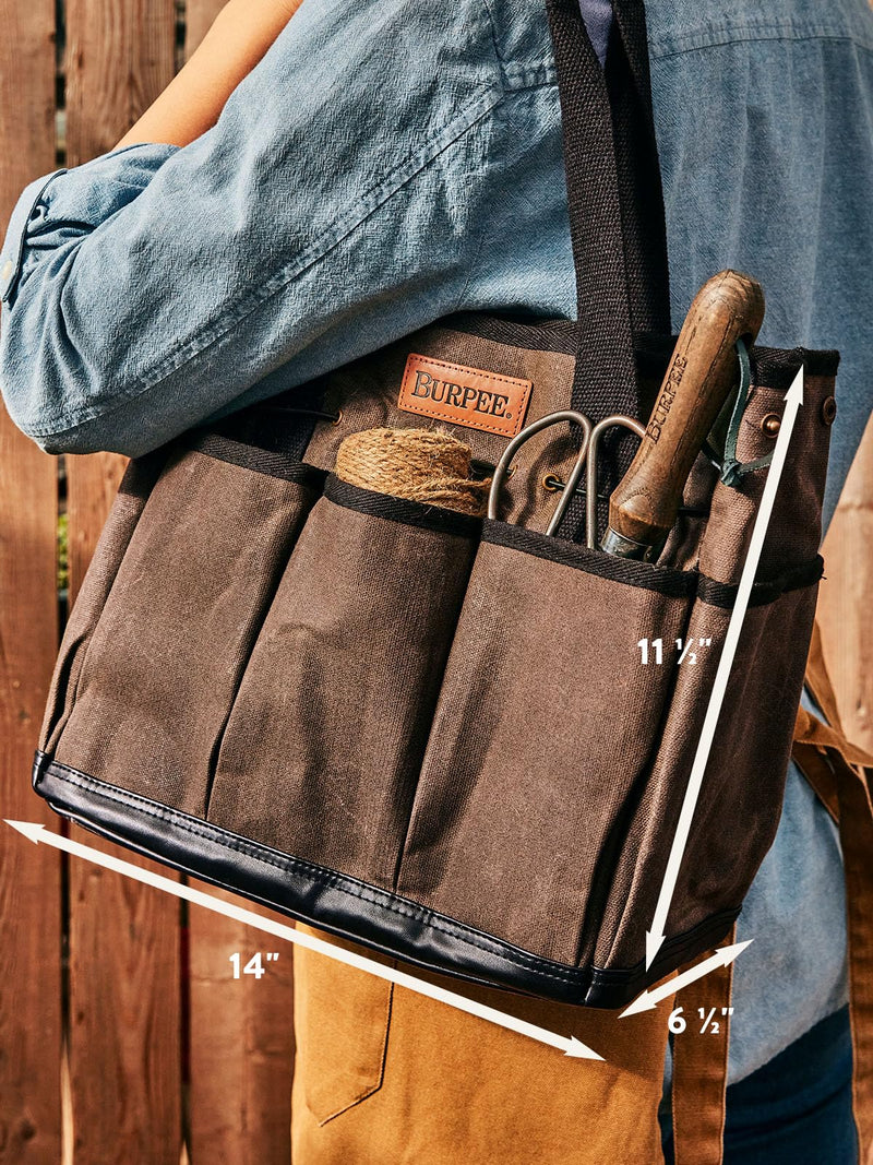 Burpee Waxed Canvas Garden Tool Tote | Heavy-Duty Tote Bag Storage Organizer for Gardening Tools | Great Gift for Gardeners | Canvas Tote Bag Caddy 8 Exterior Pockets for Tool Storage, 12" H x 14.5" W