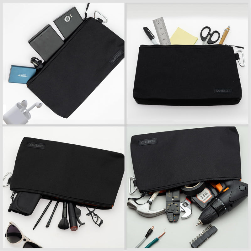 COREFLEX Premium Tool Pouch Zipper Bag, Small Tool Bag, Multipurpose Storage pouch, Heavy duty Flat Bottom Tool bag with YKK Zipper (6 pack Large 12inch Black) 6 pack Large 12inch Black