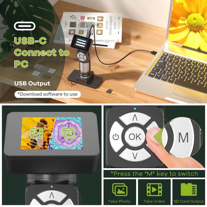 JL112 Handheld Microscope for Kids Adults, Portable Digital Microscope with 2" LCD Screen, 1080P USB Pocket Microscope Camera with 8 LED Lights, PC View, Microscope Slide Kit, 32GB