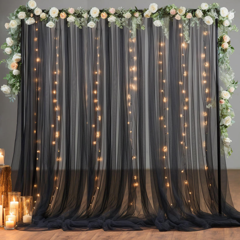 20×8ft Black Tulle Curtain Backdrop with Lights String for Parites, Sheer Backdrop Curtain Drapes for Wedding Photo Baby Shower Photography Birthday Party 20 ft X 8 ft(4 Panel-5ft X 8ft)