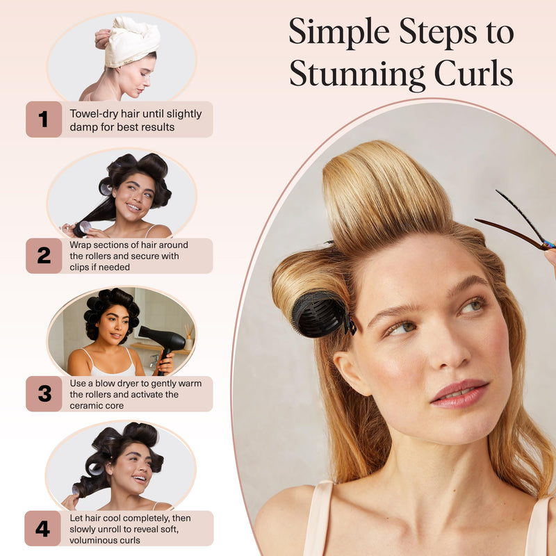 Kitsch Ceramic Thermal Hair Rollers Set 8pcs - Black | Hair Curlers Rollers for Perfect Curls, Hot Rollers Kit for Long Hair, Hair Rollers for Long Hair, Ceramic Coated 8 count (Pack of 1)