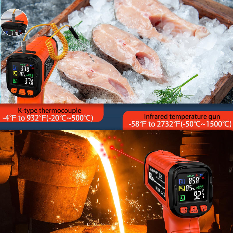 Infrared Thermometer Gun, -58°F to 2732°F, Dual-Mode 50:1 | 932°F K-Type Probe Included，Protective Tool Case Included，Industrial HVAC & Equipment Diagnostics Orange/-58°F to 2732°F and -4°F to 932°F