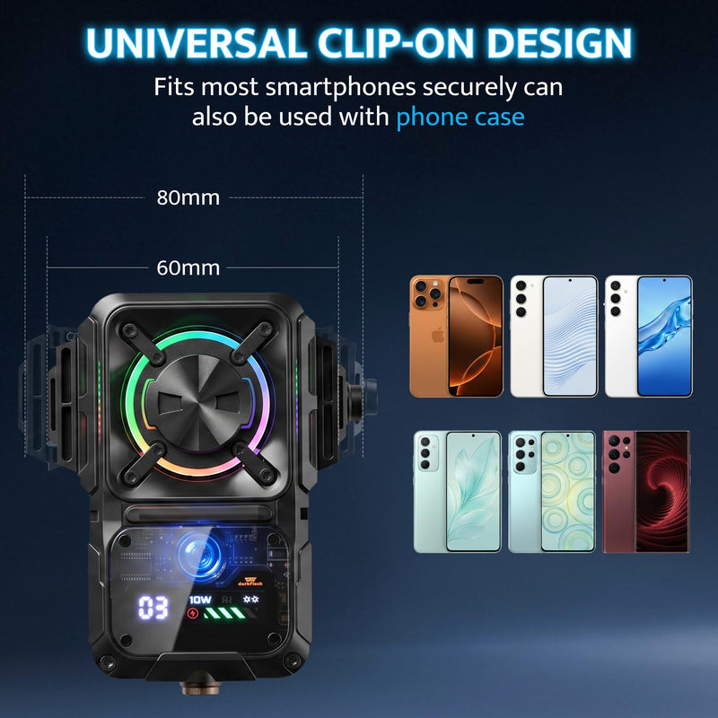 darkFlash Cell Phone Cooler for Gaming and Live Stream, 2000mAh Rechargeable Fast Cooling with RGB Light, Temperature & Battery Display, Universal Snap-On Clip Design, with Vertical/Horizontal Stand Mount