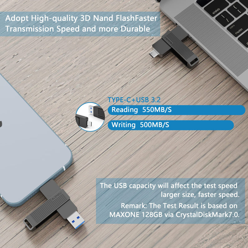 Maxone External 512GB Portable Solid State Flash Drive, USB Type C Both 3.2 Tech - 2 in 1 Dual Drive Memory Stick Super Speed.Optimal Speeds Up to 600MB/s Read, 550MB/s Write.