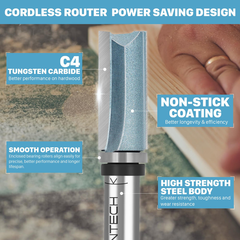 KEENTECH 1/2" Shank Flush Trim Router Bit with Top Bearing, Extra Long, Carbide Tipped Pattern Bit for Woodworking, Heavy Duty Template Cutting Tool, 3/4" Diameter x 3-1/2" Cutting Depth 1-Piece 1/2"(Shank) 3/4"(Dia.)*3-1/2"(Depth)
