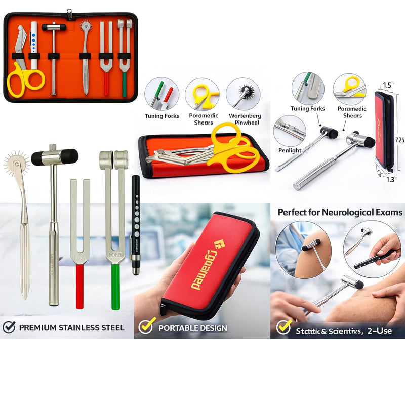 Cynamed Set of 6 pcs Reflex Percussion Buck Hammer + Penlight +Tuning Fork C 128 C 512 + Bandage Scissors 7.25" + Wartenberg Pinwheel (Set of 6)