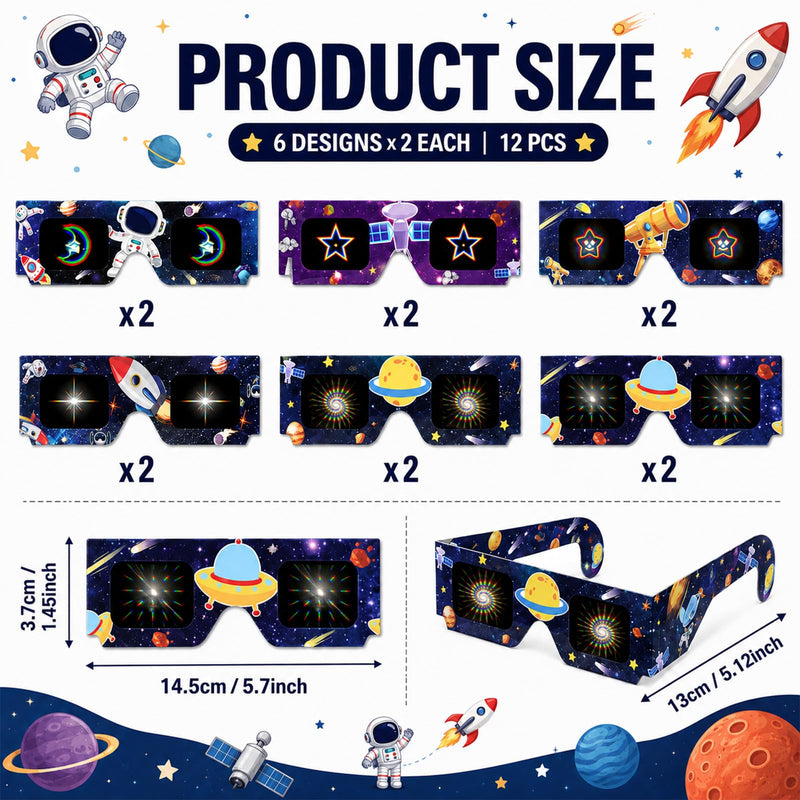 12PCS Outer Space Party Diffraction Glasses Solar System Decor Space Astronaut Birthday 3D Diffraction Paper Glass Galaxy Planet Party Refraction Glasses for Light Eyeglass Prop