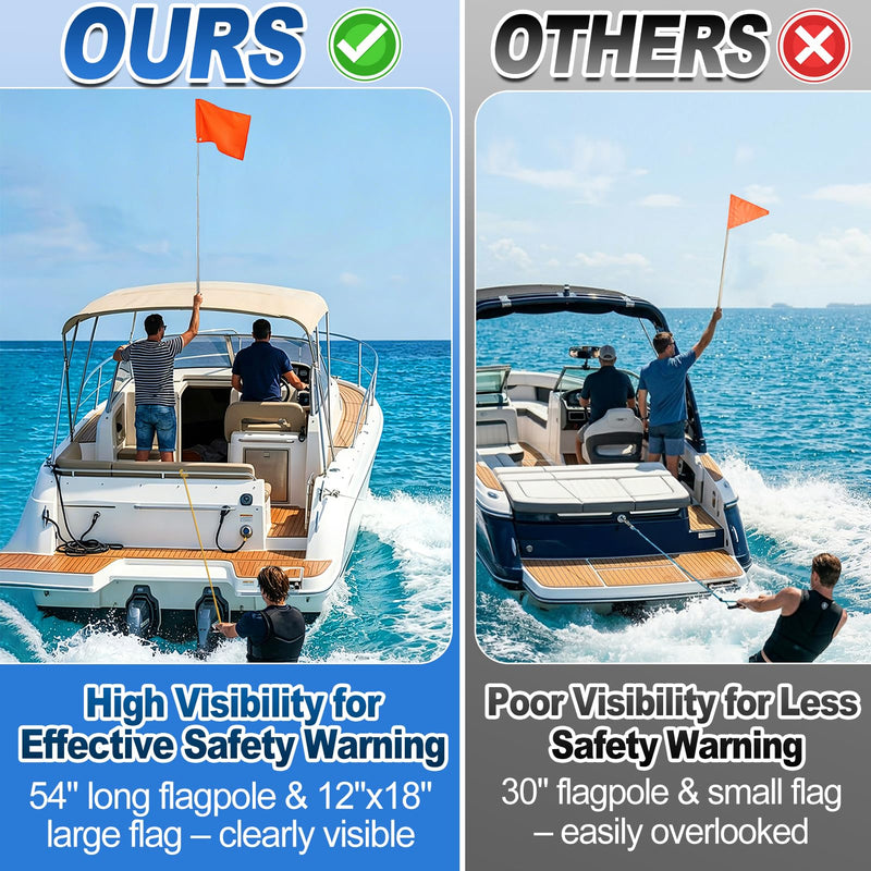 Orange Boat Flag with 53" Adjustable Pole - 12” x 18” Water Ski Flag with Stable Holder, Boat Safety Accessories for Watersports Wakeboarding