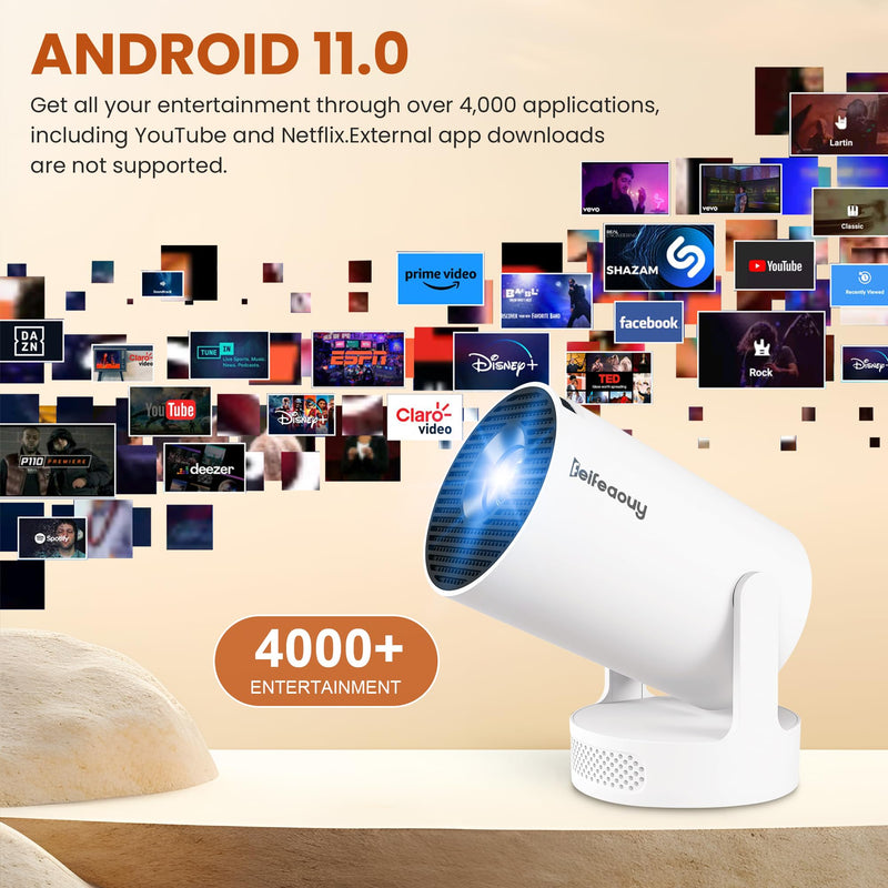 Mini Projector - Manual Focus, Smart Portable Projector for Bedroom & Home Cinema with 4K Support, 170 ANSI Lumens, Auto Keystone, Netflix Certified, Android 11, Voice Control, Air Mouse Remote Manual Focus - HY300Ultra
