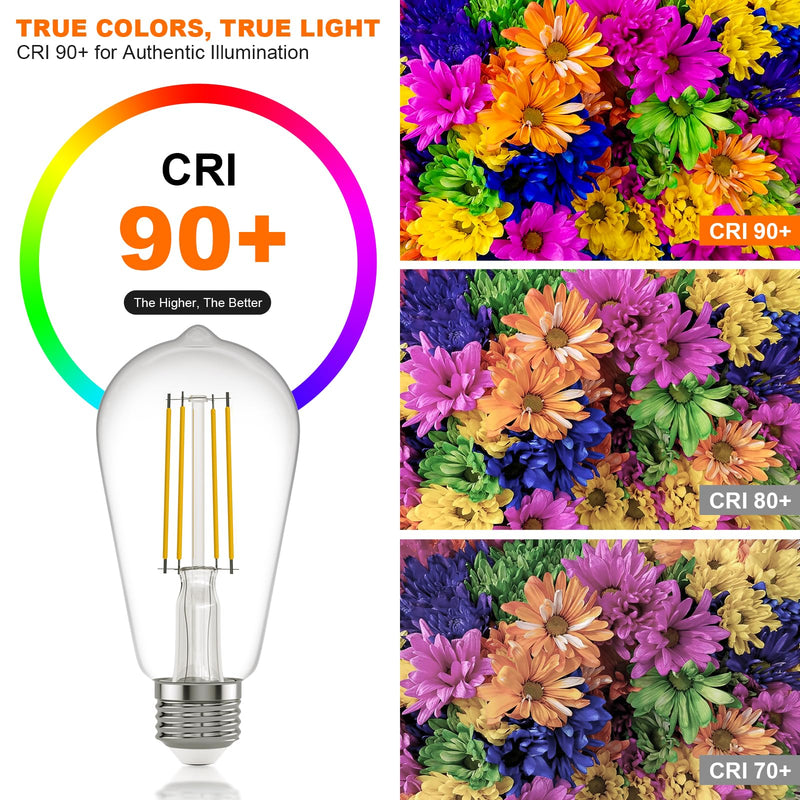 Kawaya E26 LED Edison Bulbs: 6W Equivalent 60 Watt Dimmable LED Light Bulbs - Warm Lights 2700k 800 Lumens High Brightness Filament Bulbs with 90+ CRI - Clear Glass, Pack of 20 2700k Warmwhite 20 Pack