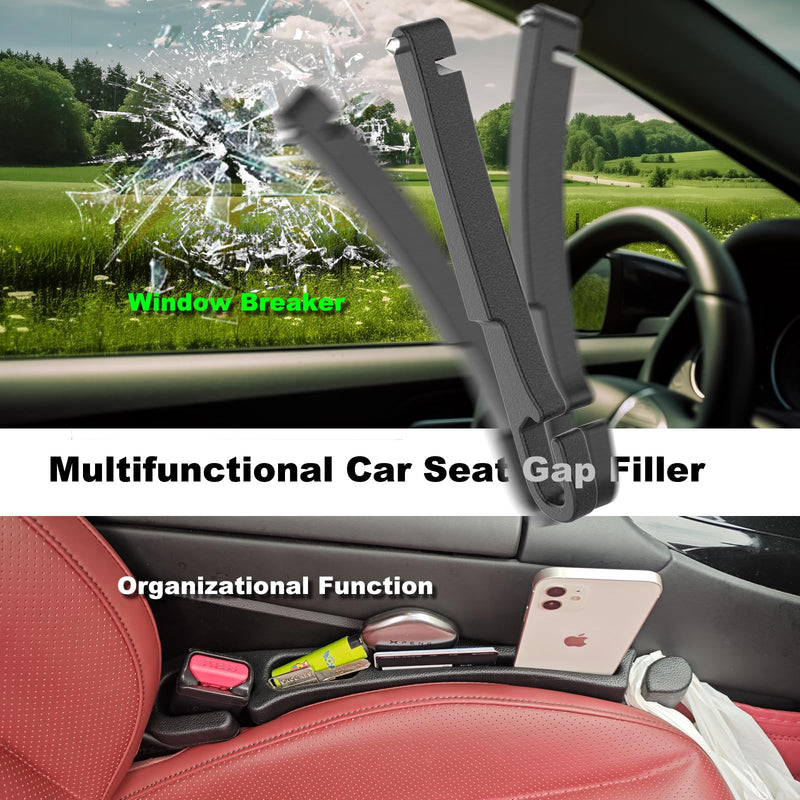Universal Car Seat Gap Filler with Organizer Hook & Emergency Glass Breaker Prevent Small Items & Tools from Falling Ultimate Seat Side Gap Stopper for All Vehicles, Trucks & SUVs