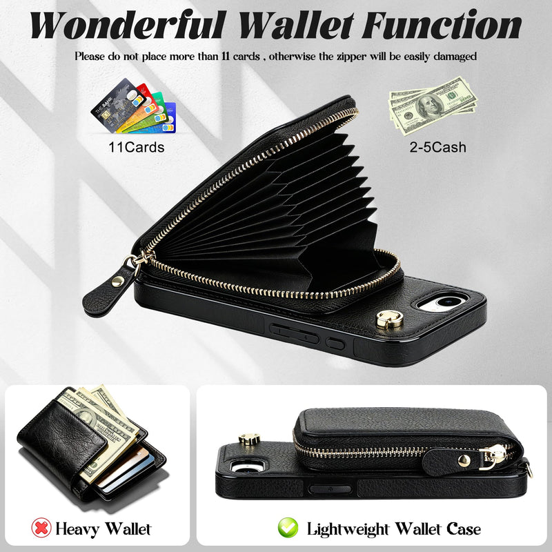 JAKPAK Wallet Case for iPhone 17e 16e with Card Holder & Crossbody Strap | Shockproof Leather Protective Phone Cover with Lanyard, Zipper Purse Case Women Men for iPhone 16e 17e 6.1 inch, Black iPhone 17e/16e 6.1”