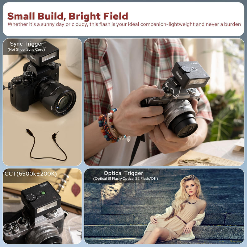 Godox IM30 Mini Camera Flash | Single-Contact Hotshoe 7-Level Power Adjustment S1/S2 Optical Slave Modes GN15 Mini Manual Flash for Canon/Sony/Fuji