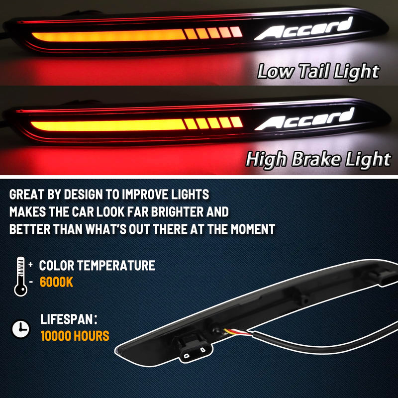 Smoked Lens LED Rear Reflector Bumper Fog Light Turn Signal Brake Lamp Feature Assembly Compatible With Honda Accord 2023 2024 LX EX Sport Hybrid Kit