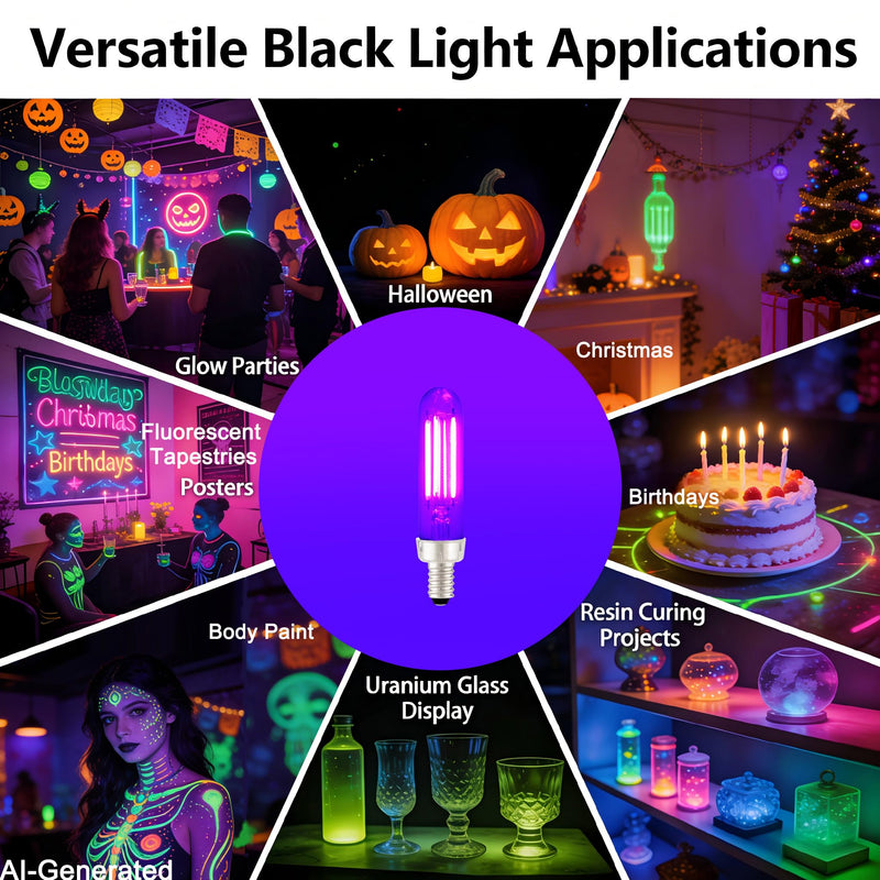 TITO 6 Pack E12 T6 395nm Dimmable Mini Black Light Bulb Halloween & Display | 4.5W Candelabra Bulb 60W Equivalent for Small Fixtures｜360° Full Beam｜Glow Party Fluorescent Paint Decor Uranium Glass Curios
