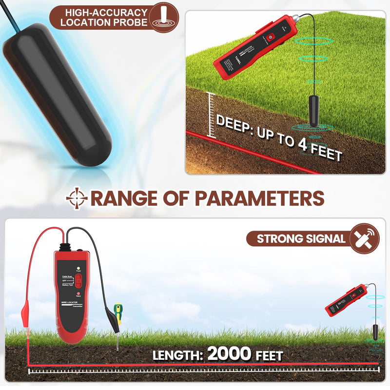 Underground Wire Locator, Cable Tester F02 Pro with 1100mAh Rechargeable Battery, Up to 4 Feet Deep and 2000 Feet Length, Wire Tracer for Locating Dog Fence Irrigation Cable Wire Control TL25 B2