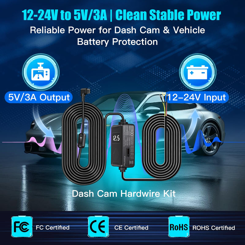 USB-C Dash Cam Hardwire Kit with Acc Detection, LED Display, 4-Level Adjustable Low Volt Protection(11.6V/23.4V Auto-Cutoff), 12V-24V to 5V/3A Adapter, 3-Lead Cable for Recorder 24/7 Parking Mode