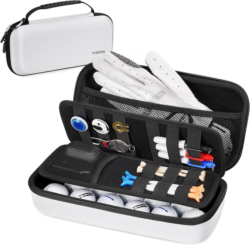 YOREPEK Golf Glove Case with Removable Glove Shaper, Golf Gifts for Men with 2 Dividers, Protective Hard Shell Golfing Organizer Fits Balls, Tees, Markers, Divot Tool, Accessories, Black White