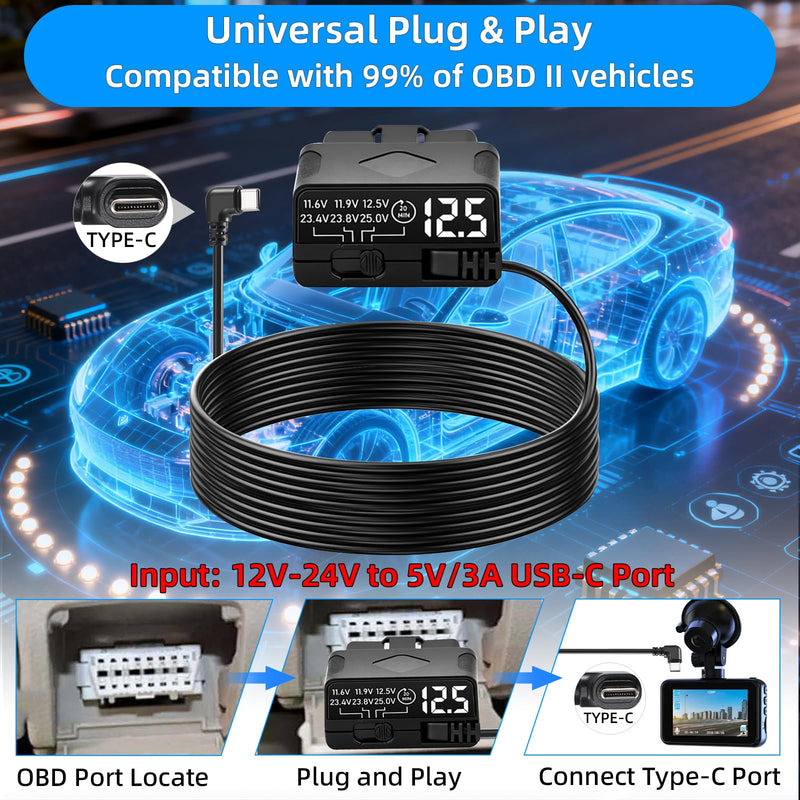 OBD2 to USB C Power Cable for Dash Cam, Plug and Play Dashcam Hardwire Kit with LED Voltmeter, 4-Level Low Voltage Protection (11.6V/11.9V/12.5V/20min), 12V-24V to 5V/3A for Parking Mode, 11.5ft/3.5M 350 centimeters Black