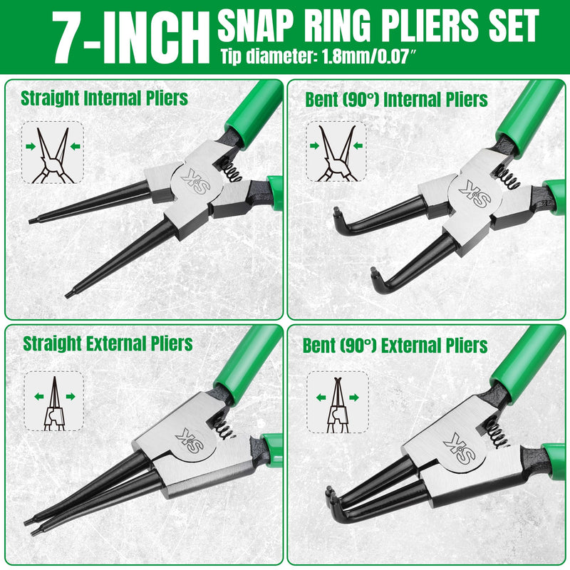 SK 4-Piece Snap Ring Pliers Set, 7-Inch Internal/External Circlip Pliers with Straight/Bent Jaw, 0.07'' Tip Diameter, Premium CR-V Steel, with Zipper Pouch 4-Piece Set