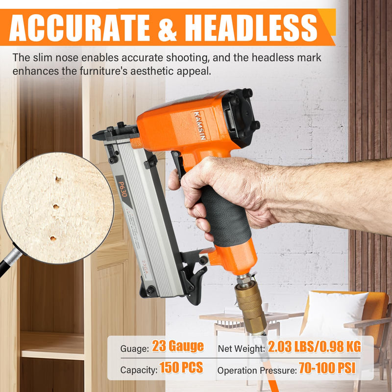 P630 23 Gauge Pneumatic Pin Nailer with 10,000PCS 1/2" Pin Nails | 1/2" to 1-3/16"(12-30mm) Leg Length, Micro Pinner with Safety, Air Headless Pin Nail Gun for Furniture, Cabinets P630