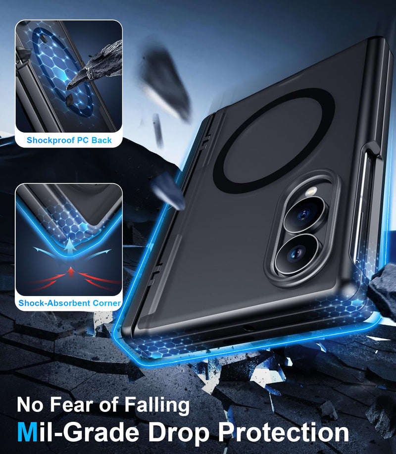 for Samsung Galaxy Z Fold 8 Case,[Compatible with MagSafe][Built-in HD Screen Protector & Kickstand][Hinge Protection] Translucent Matte Full-Body Shockproof Phone Case for Z Fold 8 Wide,Black Black