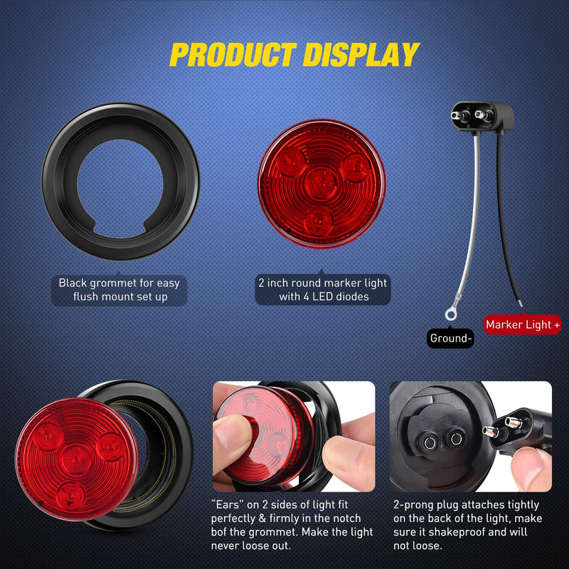 Nilight 5PCS Red Round Trailer LED Marker Clearance Light 4 LED Flush Mount with Plug Grommet Pigtail Hardwired for Trailer Truck RV Red 5Pcs 4LED