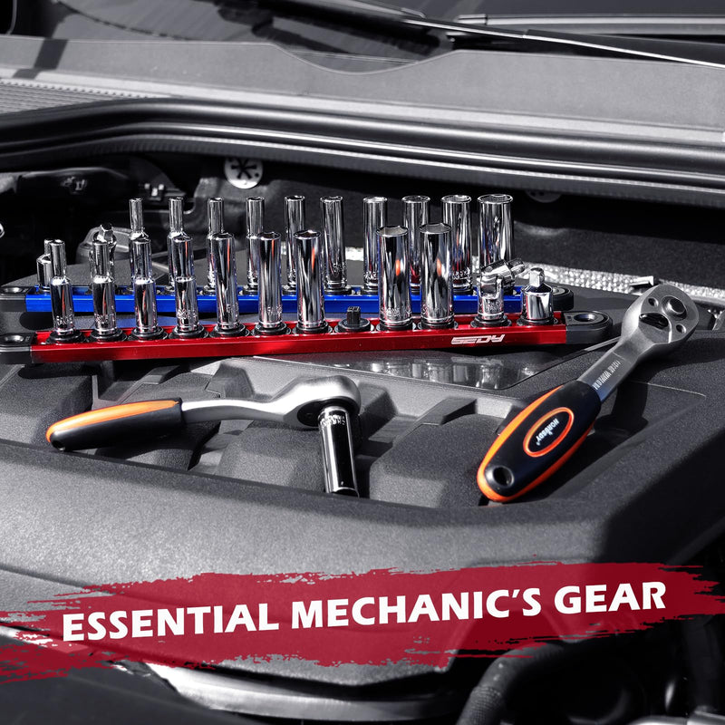 12-Piece 1/4" Drive Metric Long Socket Set 4-13mm with 1 Piece Magnetic Organizer Rail Rack, Premium 6-Point Deep Socket Assortment with 3/8" to 1/4" Adapter and 1/4" Universal Joint (Blue) 1/4-Deep-Metric