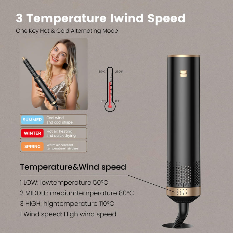 5 in 1 Hair Styler 5 in 1 Magic Styler, Air Styler Set with Curl Straighten, Volumise, Smooth and Drying for Styling, Hot Air Styler for All Hair Type/Length Black Gold
