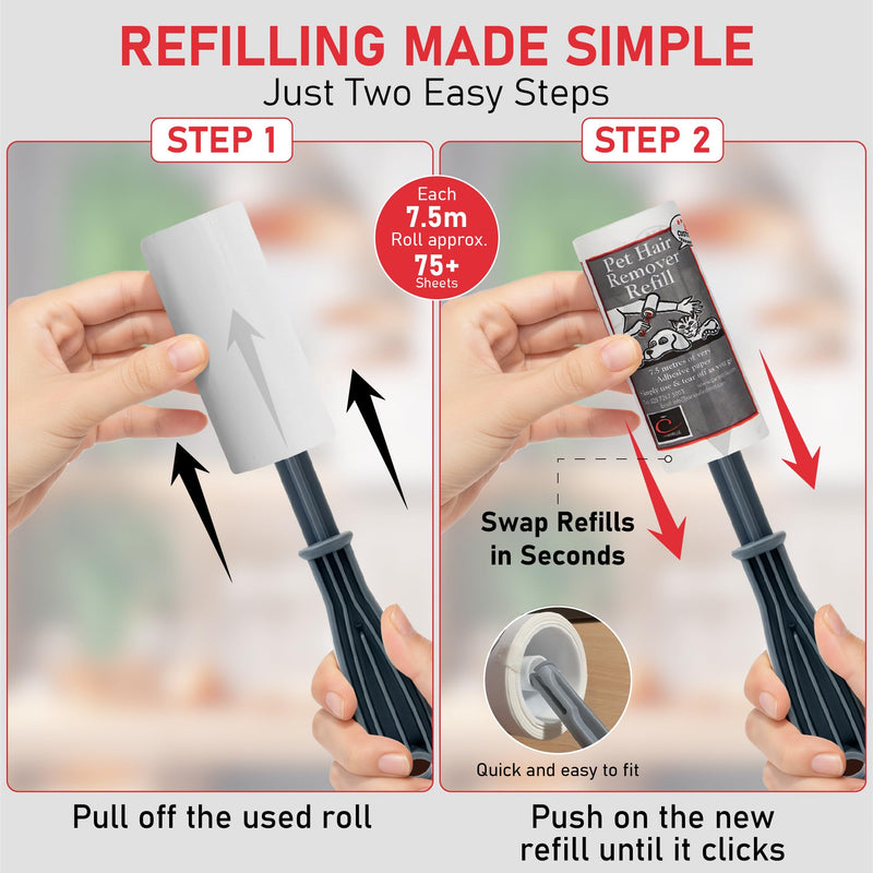 Caraselle Pet Hair Remover Refill Extra Sticky Lint Roller (8 refills only) | 60m total (≈450 Sheets Equivalent) of super adhesive refill to remove lint, fluff & hair from furniture, bedding, car pack of 8 refills