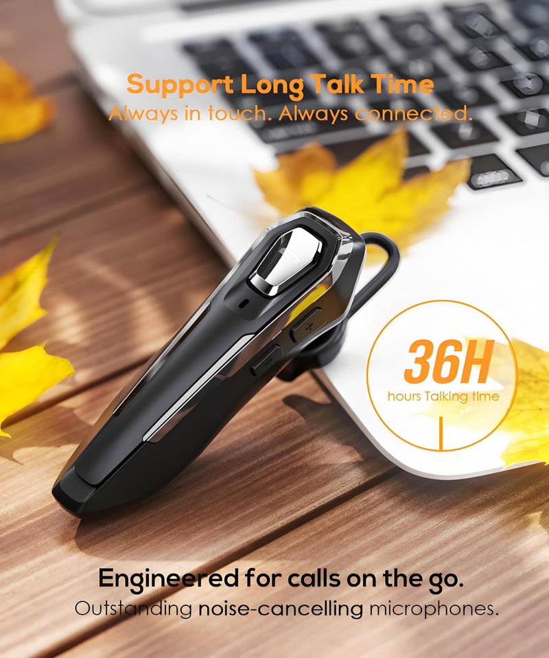Single Ear Bluetooth Headset for Calls, Lightweight Wireless Earpiece | with Noise Canceling Microphone, 36Hrs Talk Time, Hands-Free Headset for Driving/Office, Crystal Clear Calls (Black) Black
