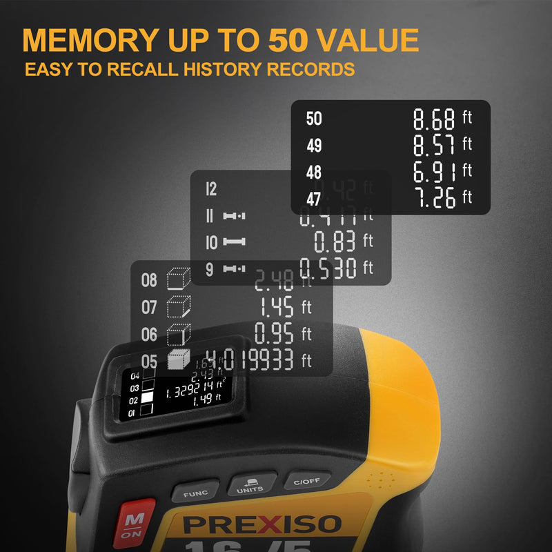 PREXISO 2-in-1 Digital Tape Measure - 16Ft Rechargeable Measuring Tape Ft/Ft+in/in/M/CM/MM - Metric & Inches Retractable Measurement Tape Tool with Auto Lock & Magnetic Tip - Pythagorean, Area, Volume Yellow