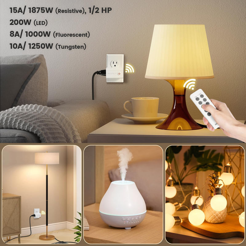 SURAIELEC Remote Control Outlet, Wireless Remote Light Switch, 100 FT, 15A/1875W, Expandable Indoor Compact Side Outlet Plug for Lamps, Fans, Christmas Trees, Small Appliances, 5 Outlets + 2 Remotes White Handhold Remote 5 Outlets