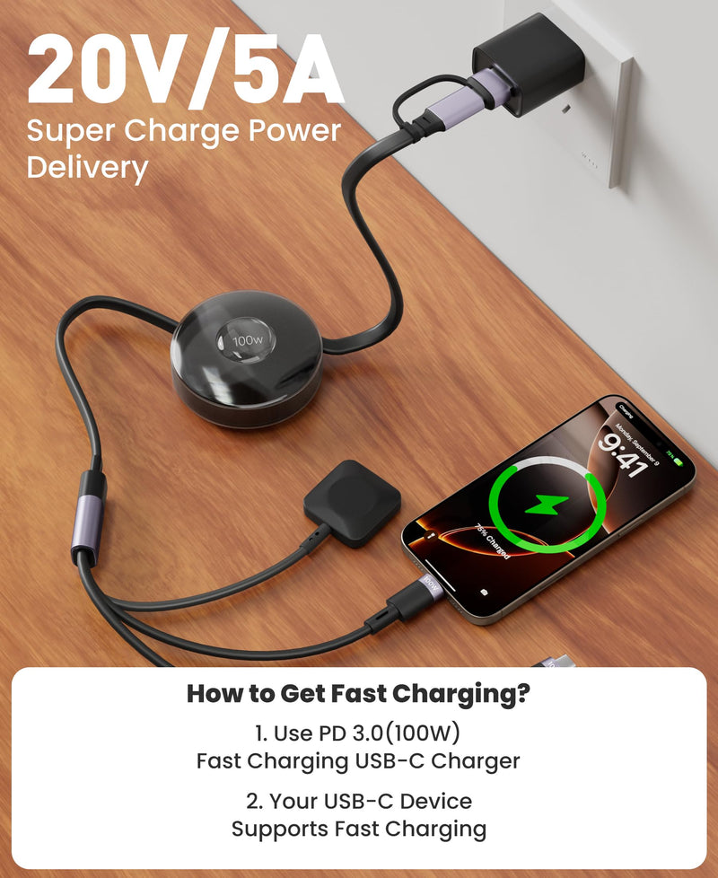 100W Retractable 2X USB-C Charging Cable with Apple Watch Charger - 3-in-1 Dual USB C (100W/10W) and iWatch Fast Charger, Portable Travel Multi Charge Cord for iPhone 15/16/17, iPad, Android, MacBook
