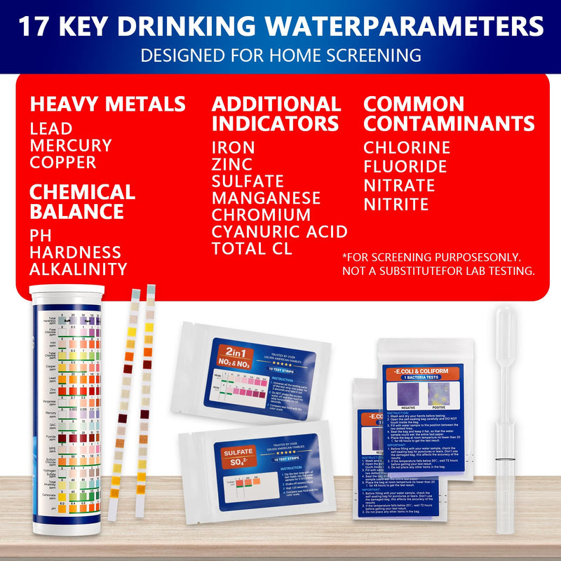 Water Test Kit for Drinking Water, 23-in-1 Water Test Strips for Tap & Well Water, Tests Hardness, Lead, Iron, Copper, Chlorine, Fluoride, pH, Nitrate & More, Fast Home Water Testing, 155 Strips 1