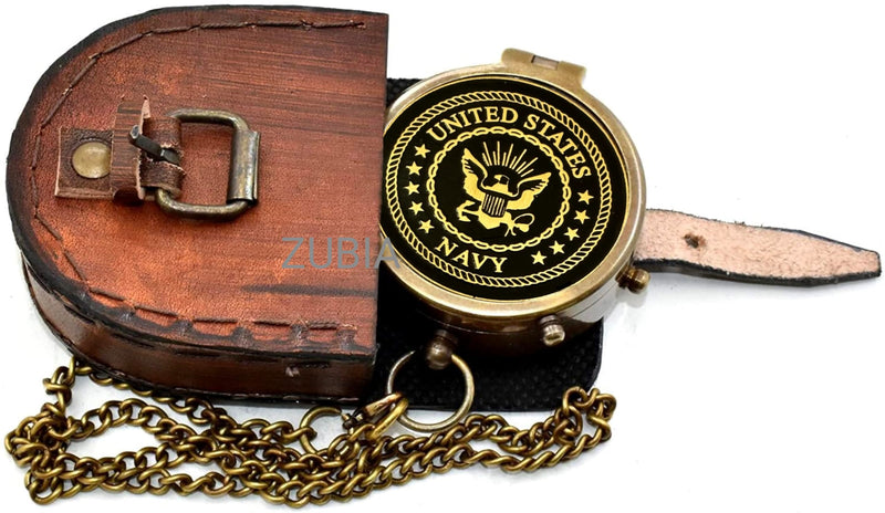 Navy Engraved Brass Pocket Compass with Leather Case, Vintage Antique Style Navigation Compass, Personalized Nautical Gift for Men, USN & Marine Inspired Keepsake for Graduation, Birthday