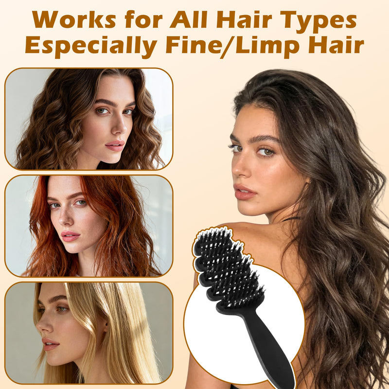 Bristle Hair Brush, Slick Back Styling Brush with 10° Concave Design, 5-Hole Hot Air Flow for Quick Drying, Detangling & Anti-Frizz, Scalp Massage Hairbrush Suitable for All Hair Types Black