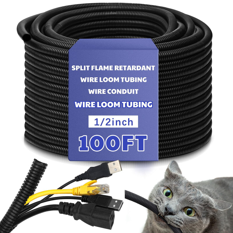 Kanayu Split Wire Loom Tubing Flame Retardant Wire Covering High Temperature Cable Sleeves Split Protector Cable Conduit for Industrial Electrical Automotive Marine(1/2''-100 ft,Black) 1/2 Inch 100Ft Black