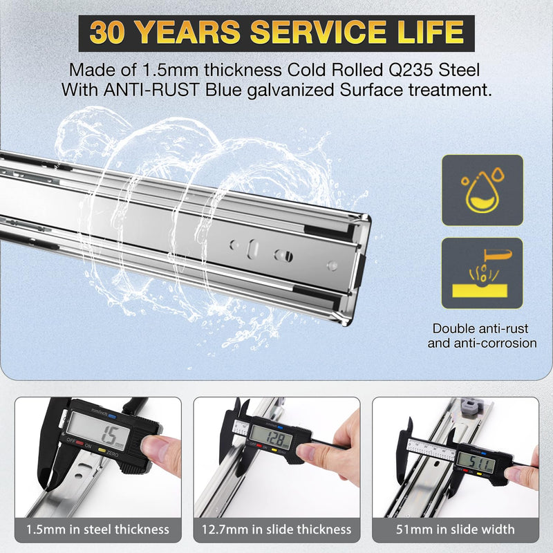 YENUO Heavy Duty Drawer Slides Full Extension Ball Bearing 18 Inch 150 Lb | Side Mount Tool Box Cabinet Drawer Slide Glides Industrial Rails Runner 12 14 16 18 20 22 24 26 28 30 32 34 36 40 Inch 1Pair Without Lock