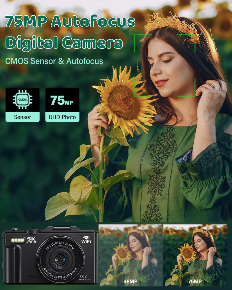 Digital Camera 5K WiFi Cameras for Photography 75MP UHD Autofocus Vlogging | 5K 75MP WiFi Camera for YouTube, Compact Travel Video Camara Beginner, 3" 180° Flip Screen, 18X Zoom, Memory Card, Batteries Black