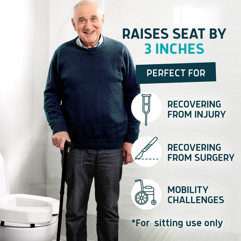 Lunderg Padded Toilet Seat Riser for Seniors - Adds 3 inches. Universal Fit - FIRM Raised Toilet Seat Cushion with High-Density Foam for Enhanced Comfort & Elevation. Post-Surgery Must have (White) White
