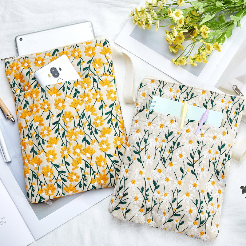 2 Pcs 12''x9'' Embroidered Daisy Book Sleeve with Handle Zipper for Women Washable Fabric Flower Book Sleeve Pouch for Paperbacks Hardcover, Christmas Gift for Reader Teacher