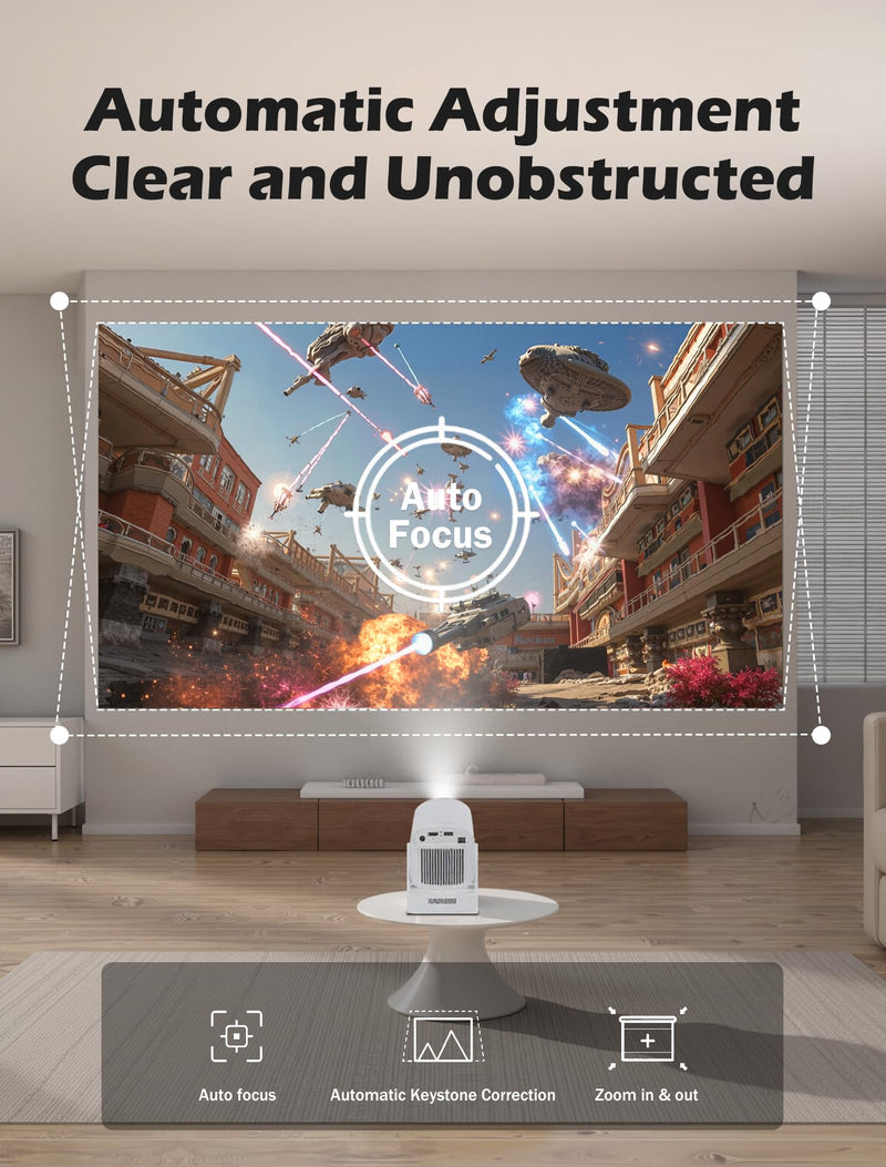 【Auto Focus&1080P】WellSonic Mini Projector with Wifi and Bluetooth, 260 Ansi Portable Moive Projector Outdoor&Ceiling Use, Auto Keystone, Voice Control, 5W Speaker, 4K Support Home Thearter