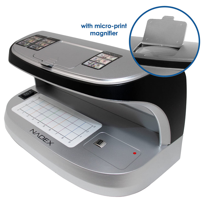 Nadex V27 Desktop UV Counterfeit Detector with Micro Print Magnifier - Verifies Bank Notes, Checks, Passports, Credit Cards - Ultraviolet/Magnetic/Infrared Sensor for Fake Detection