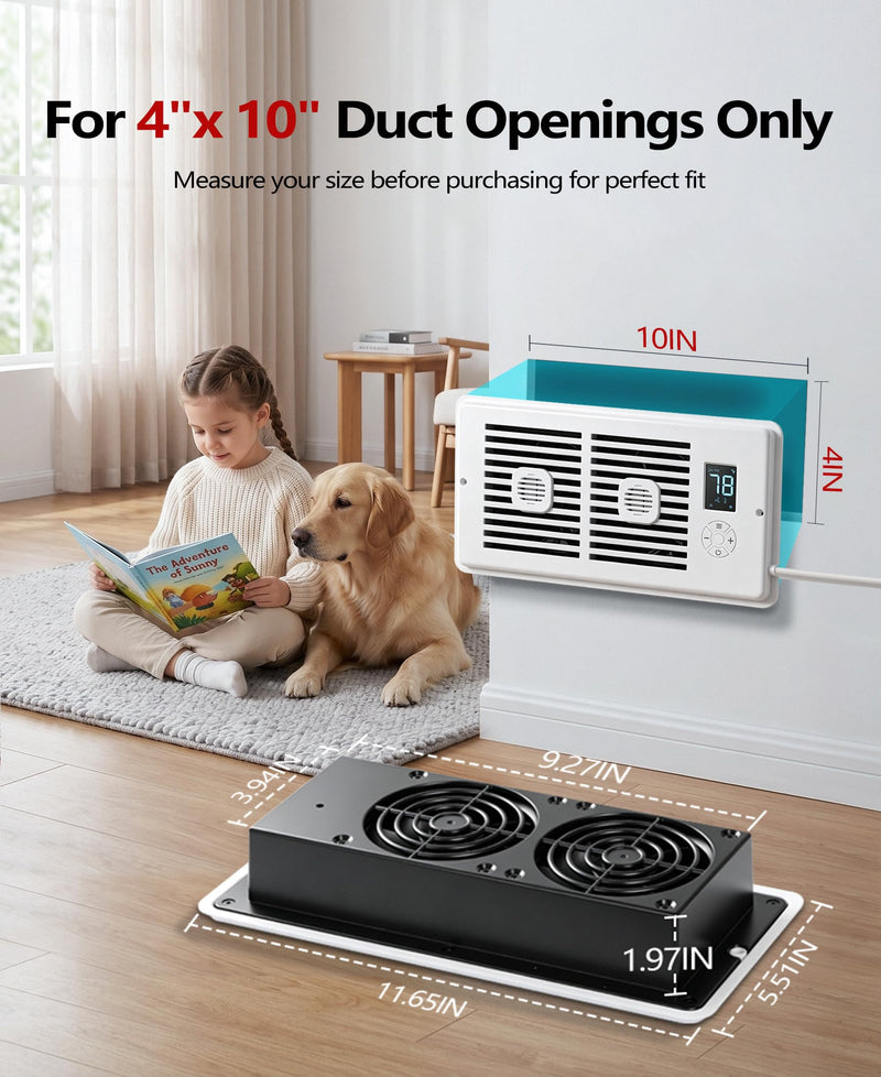 KimFilter 4" x 10" Register Booster Fan, Low Noise Vent Booster Fan for Floor & Wall Duct Openings, 10 Speeds Airflow | 3 Modes Operation, Remote Control with Timing,All Season Power Vent Register Fan