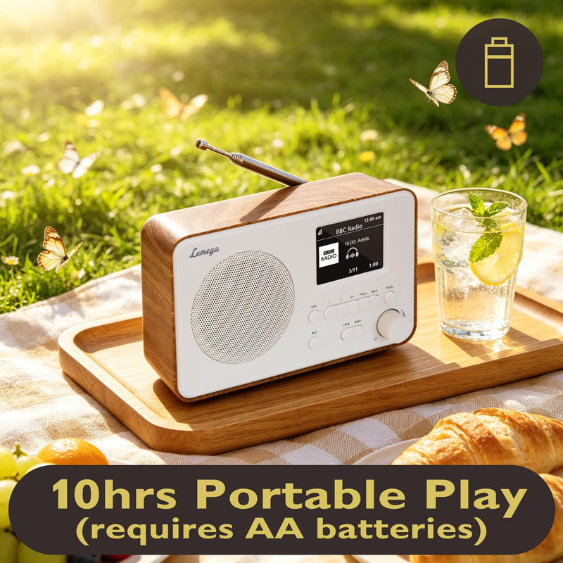LeMega IR1PRO Internet Radio, Podcasts, Bluetooth, FM, Walnut | Alarm clock, full colour display, mains or AA battery, compact kitchen radio, snooze, sleep timer, 150 unified presets