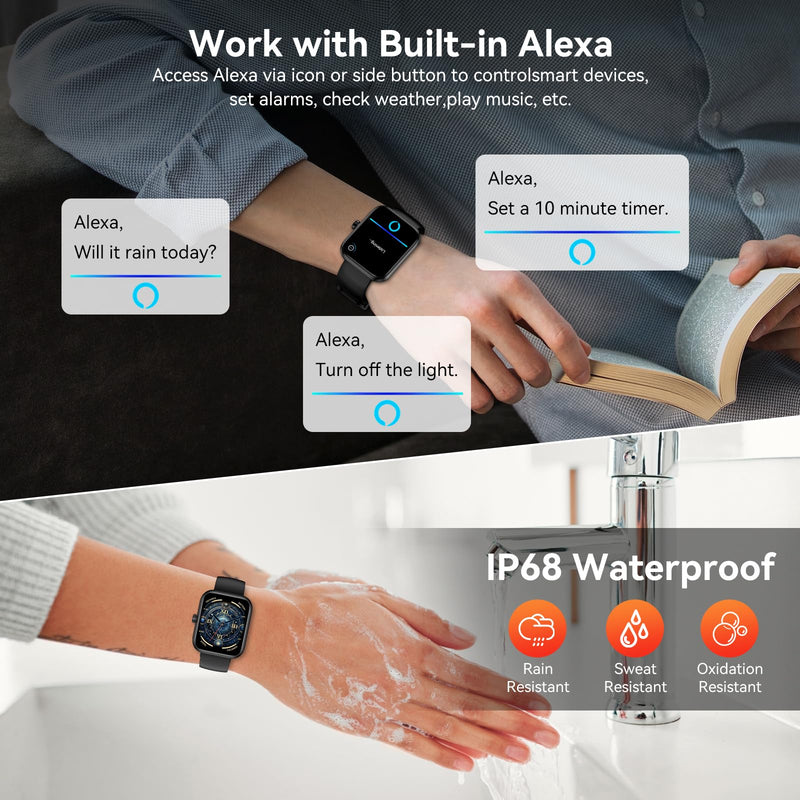 Smart Watch with Alexa Built-in, 1.83" HD Touchscreen Fitness Tracker, Bluetooth Notifications/Calls, IP68 Waterproof, 120+ Sport Modes, 24/7 Heart Rate & Sleep Monitor for iPhone Android iOS (Black) Black