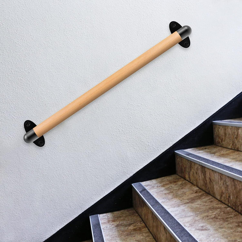SELEWARE 16 Inch Wood Handrail Indoor Stairs Handrail Wall Mount Handrail w/Sturdy Metal Barckets, Barrier-Free Staircase Grab Bar for Elderly, 1.3 Inch Round A: 16" (Wood Handle+Black Metal Brackets)